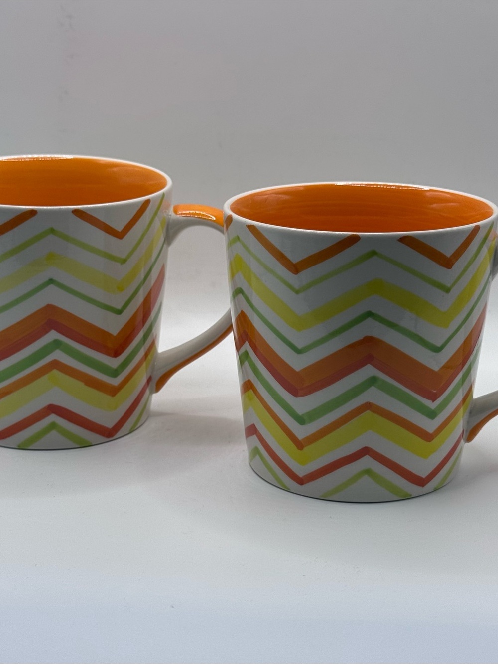 CRATE & BARREL Bright Chevron Coffee Mugs, Citrus Orange/Yellow/Green, Set Of 2